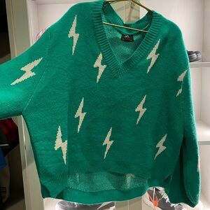 Dressed in LALA Green Lightning Bolt Over-Sized  V-Neck Sweater